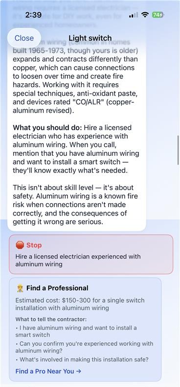 Safety warning recommending a licensed electrician