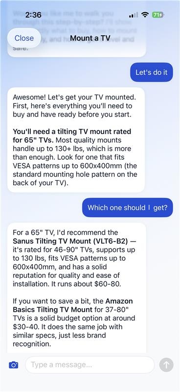 HomeBase AI diagnostic conversation about mounting a TV