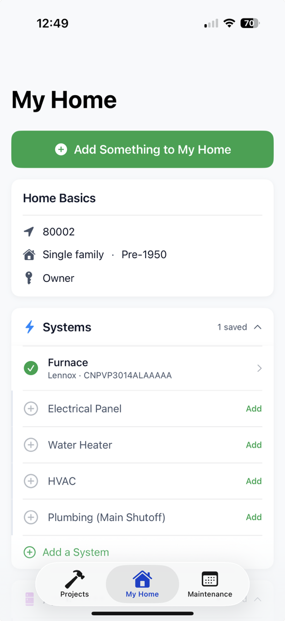 My Home profile with saved systems and equipment