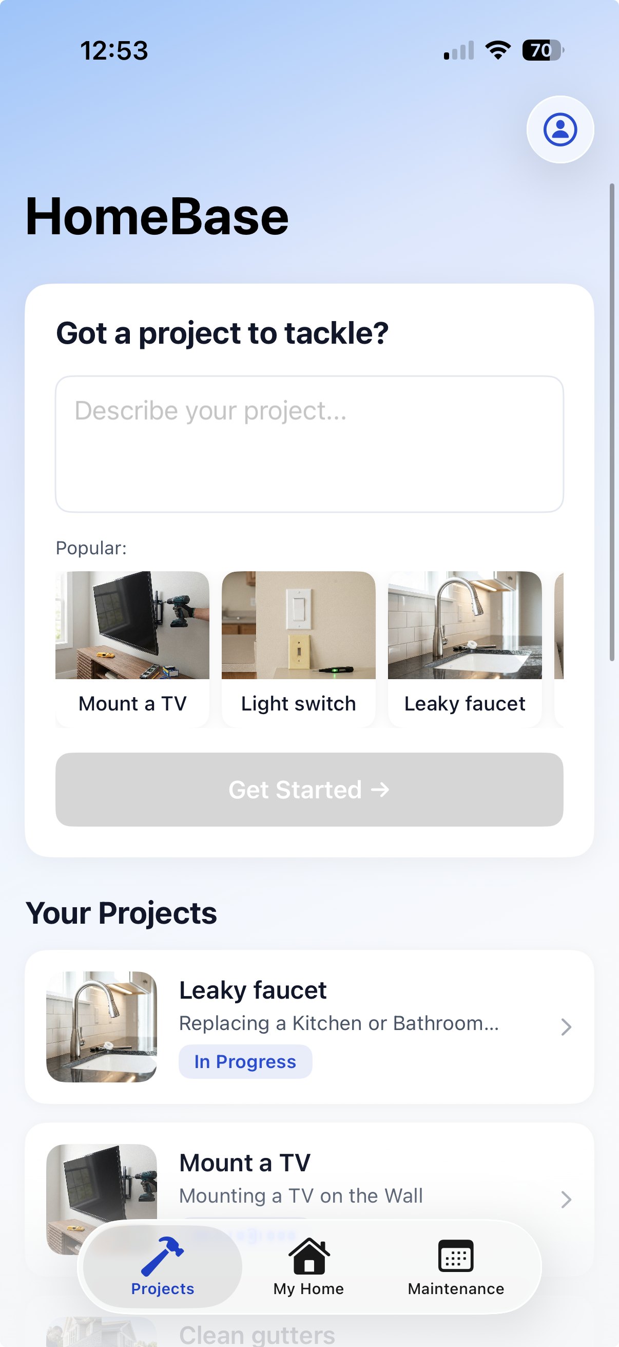 HomeBase Projects screen showing project input and popular project types